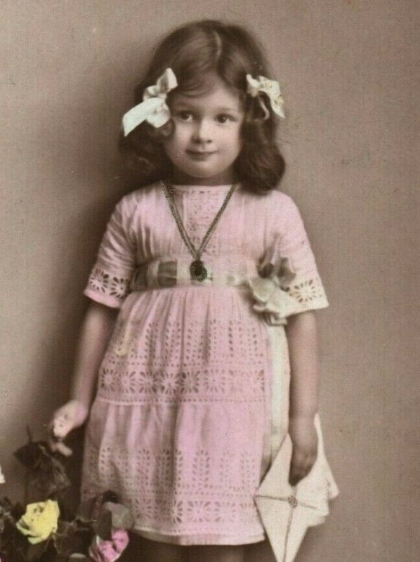 Cute Little Girl with Bows Pink Dress Letter Flowers Hand Painted European RPPC 