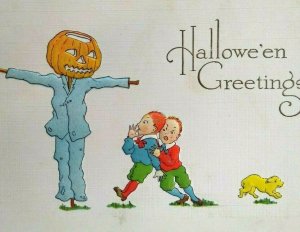 Dressed Pumpkin Head Scarecrow Anthropomorphic Halloween Postcard Fantasy Gibson 