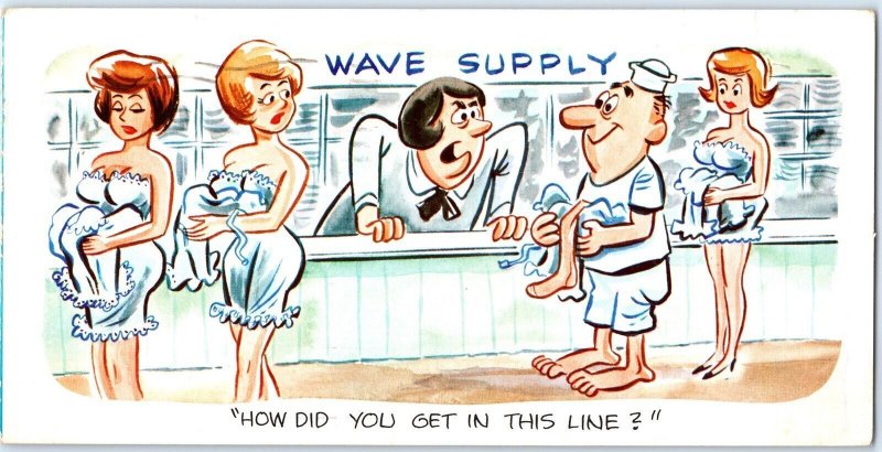 7 Oversized c1950s US Navy Women WAVES Comic Postcard Creepy Man USN Sailor 1S