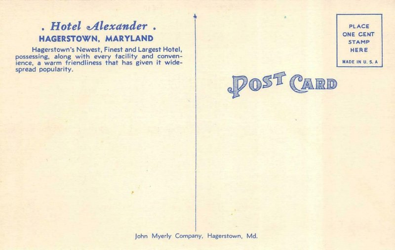 HAGERSTOWN, MD Maryland  HOTEL ALEXANDER & Street View  c1940's Linen Postcard
