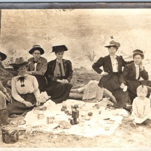 c1910s Lovely Sunday Picnic Party by River RPPC Family & Friends Real Photo A134