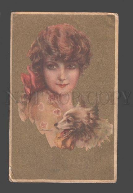 3087292 ART DECO Lady w/ SPITZ Dog by CORBELLA vintage Italy PC