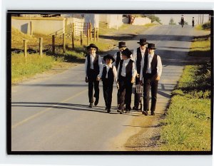 Postcard Six Young Amish Boys Walk to Church Pennsylvania USA