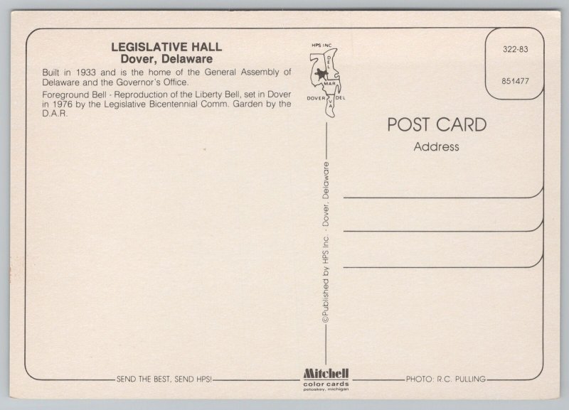 State View~Dover Delaware~Legislative Hall~Built 1933~Continental Postcard