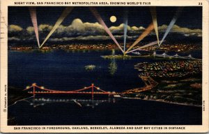 Vtg Night View San Francisco Bay Area Showing Worlds Fair California CA Postcard