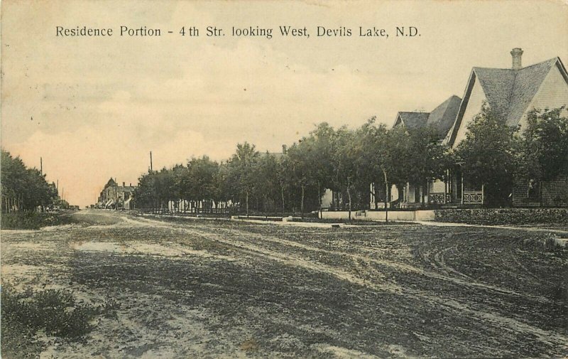 c1911 Postcard; Residence District 4th Street West, Devil's Lake ND Ramsey Co.