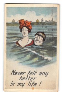 Humor Comic Romance Postcard 1920 Man and Woman Swimmers Never Felt Any Better