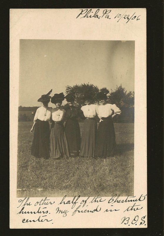 Postmarked 1906 Portrait of 5 Ladies Wearing Hats Real Photo Postcard