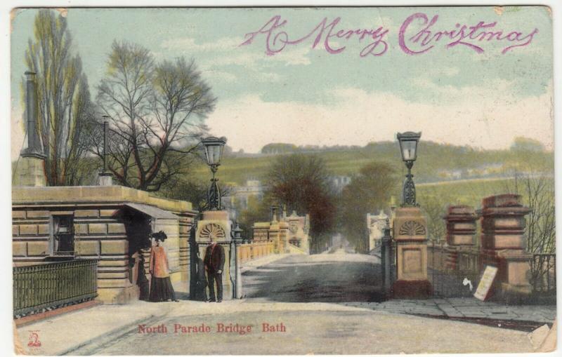 Somerset; North Parade Bridge, Bath, Xmas PPC 1907 PMK, To H Greer, Whitehead 