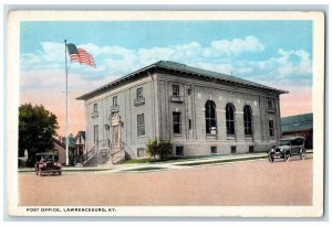 c1950's Post Office Classic Cars American Flag Stairs Lawrenceburg KY Postcard