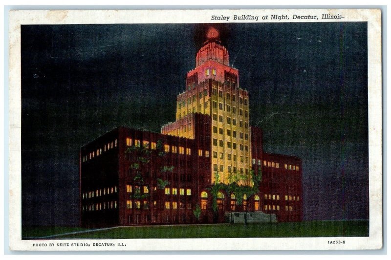 1946 Staley Building Exterior At Night Scene Decatur Illinois IL Posted Postcard