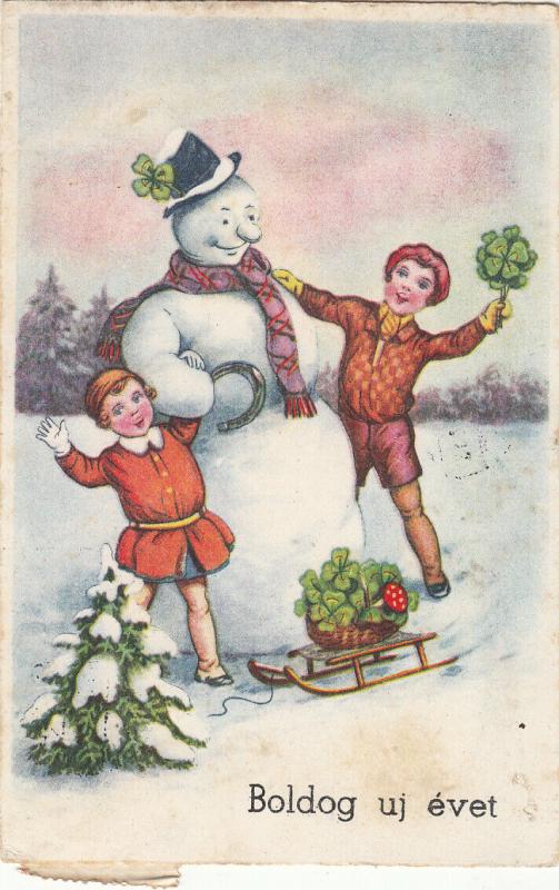 Hungary early winter seasonal greetings postcard snowman luck shamrock mushroom