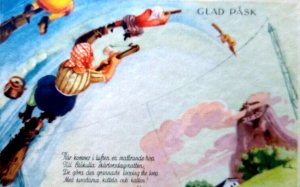 Easter Witches Postcard Fantasy Glad Pask Tea Kettle Flying Broom Sticks Sweden