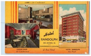 c1950's Hotel Randolph Building Cars Des Moines Iowa IA, Multiview Postcard