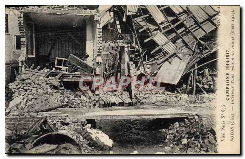 Postcard Old Army Noyon Interior of a ruined house in March 1917