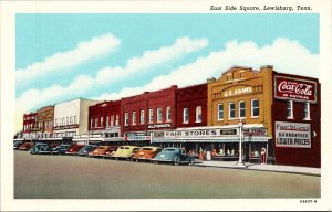 Postcard TN Lewisburg East Side Square Coca Cola cars Fair Stores