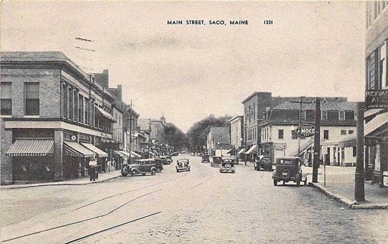 Saco ME Main Street Store Fronts Old Cars Amoco Gas Station Postcard