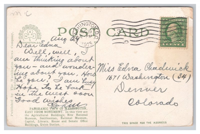 Washington D. C. Panoramic View From Washington Monument Postcard c1915 Postmark