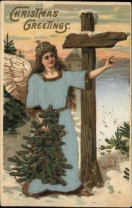 Angel with Christmas Tree Real Silk Dress c1910 Vintage Postcard