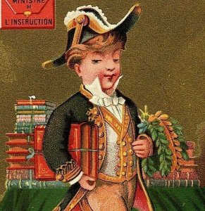 A L'Enfant Gate Trade Card French Victorian Young Man On Stairs Holding Books 