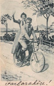 Farlarahine!! WOMAN & MAN RIDING BICYCLE~1901 GERMAN POSTCARD