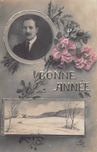 BONNE ANNEE-HAPPY NEW YEAR-HANDSOME YOUNG FRENCH MAN-PHOTO POSTCARD