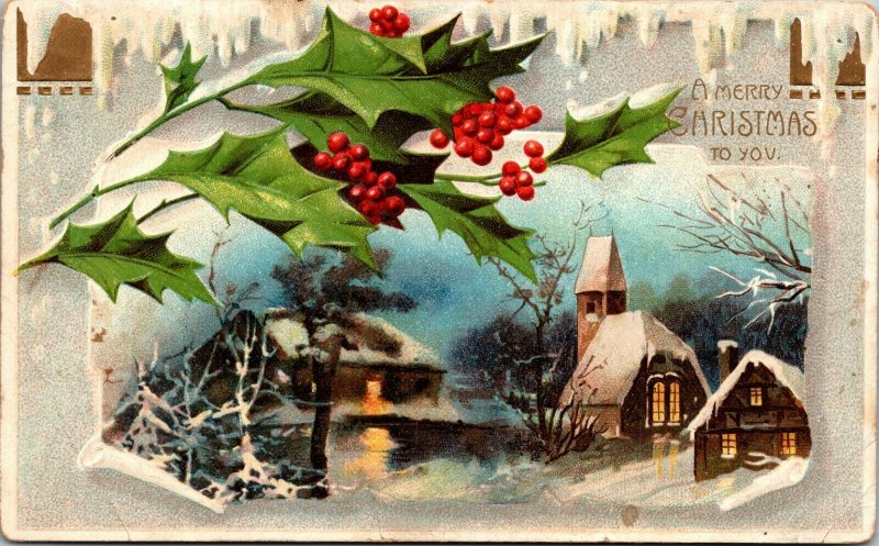 A Merry Christmas To You - Holly Winter Scene - Vintage - POSTCARD PC POSTED