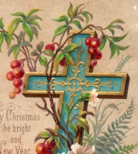 1880s Embossed Victorian Christmas Trade Card Grapes Vine Cross #6N