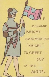 Military Knight Carrying Flag Greet You In Morning Antique Greetings Postcard