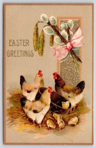 Easter~Chickens by Barrel in Barnyard~Chicks~Pussy Willows~Tan Back~Germany