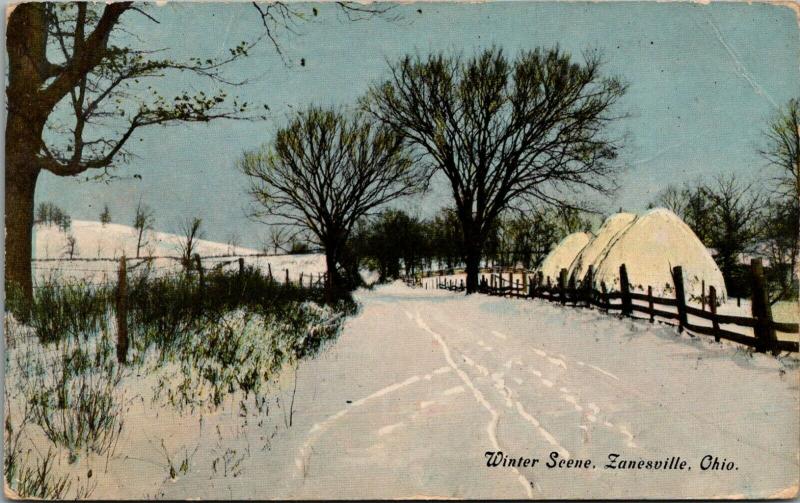 Zanesville Ohio~Winter Road Past Hay Mounds Covered in Snow~Bare Tree~c1910 