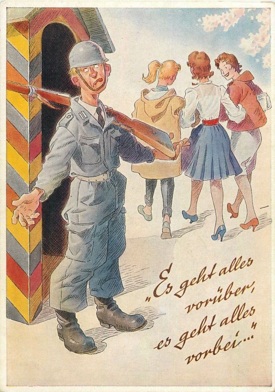 Postcard German humour comic caricature signed August Lengauer soldier rifle