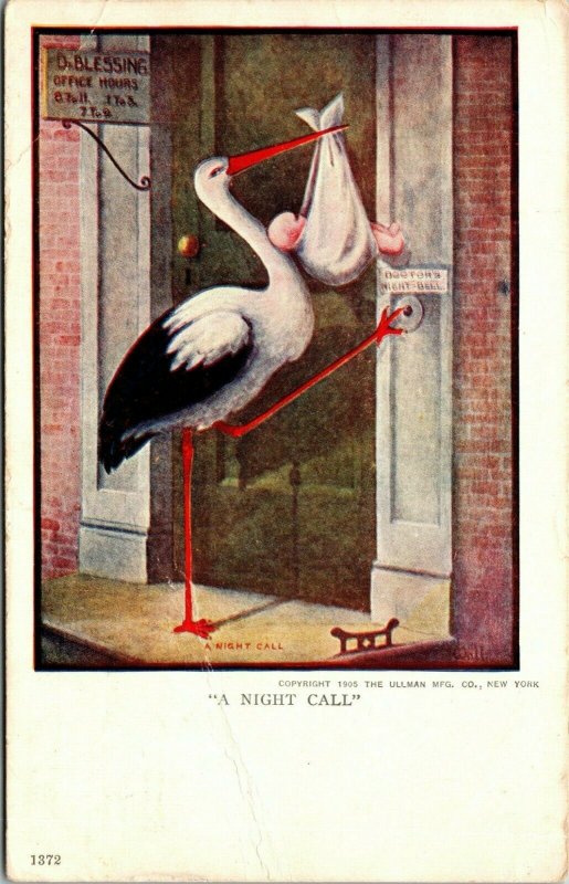 VINTAGE - ART - STORK - A NIGHT CALL - POSTCARD - 1907