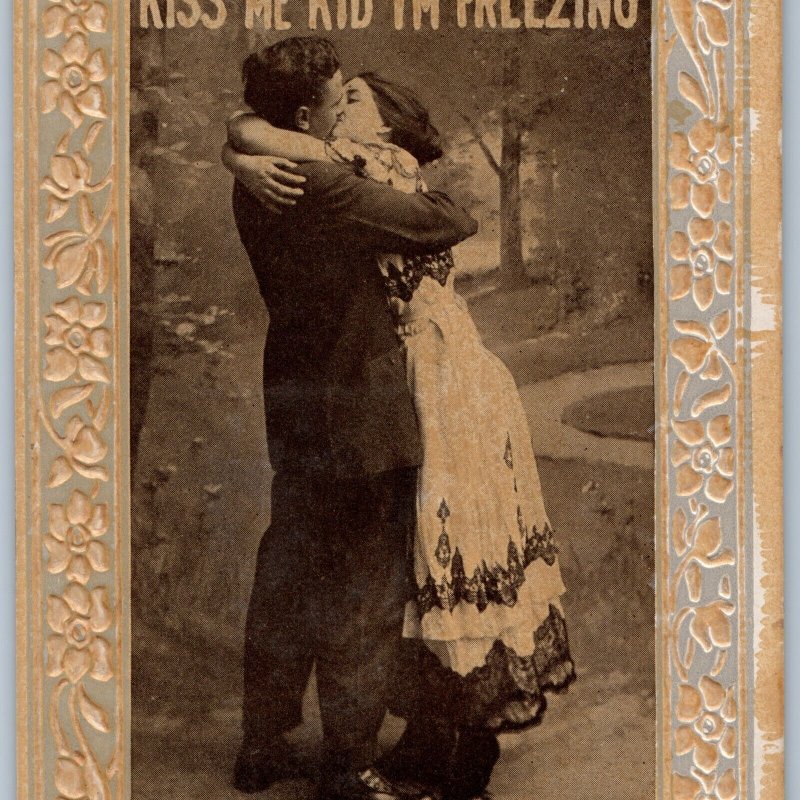 c1910s Romance Postcard Kiss Me Kid I'm Freezing! Embossed Border Love PC A195