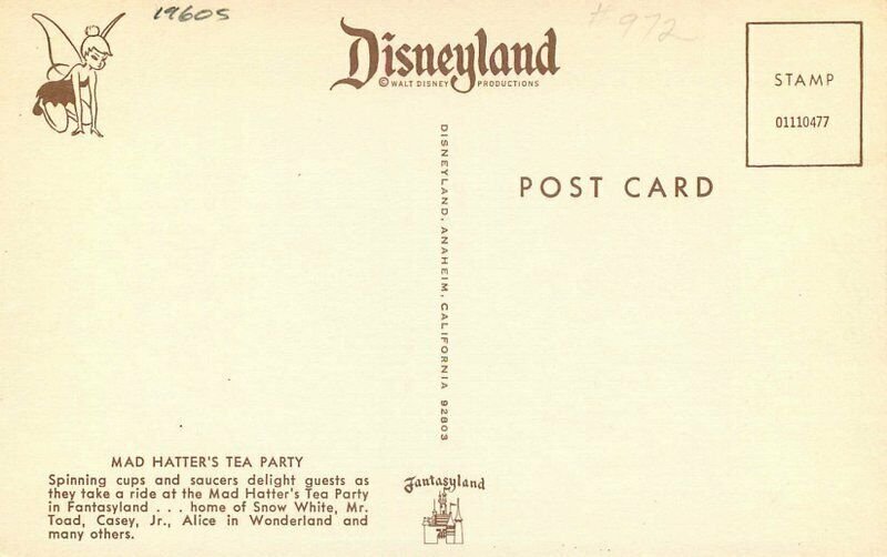 Anaheim California Disneyland Amusement Mad Hatter Tea Party Postcard 21-4544