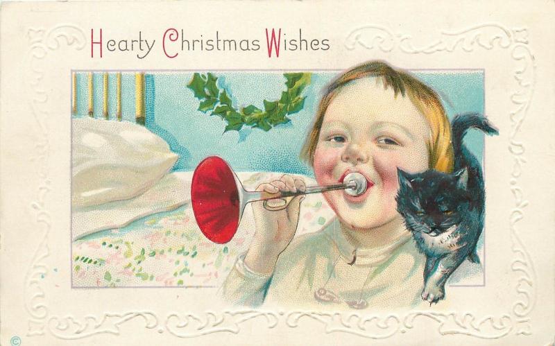 Unposted 1907-15 Embossed Printed Christmas PC Child Horn Black Cat Series 338 C