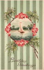 Vintage Postcard Birthday Greetings Seascape Boat Flowers Circle Wishes Card