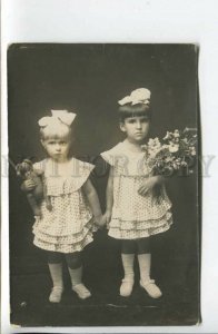 440244 RUSSIA Two sisters Girl TEDDY BEAR Toy Vintage REAL PHOTO