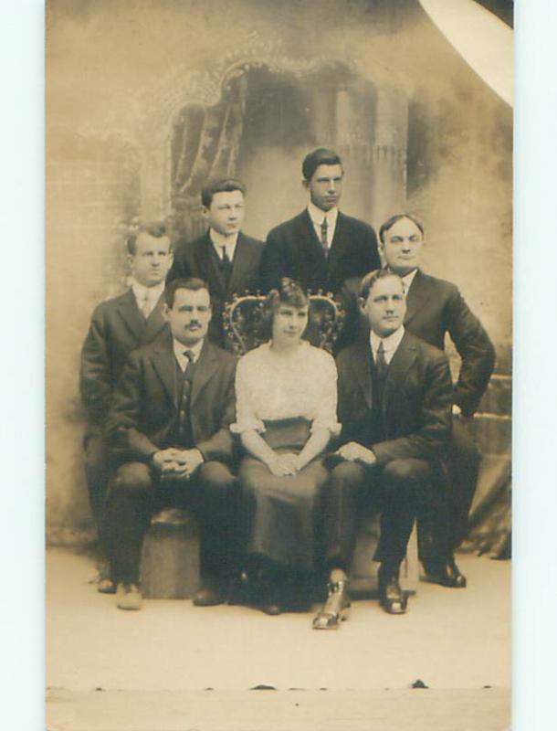 Pre-1920's rppc ONE WOMAN SURROUNDED BY MEN o2264