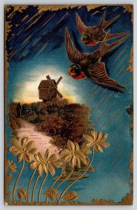 Birds Fly Over Windmill Scene~Man~Gold Flowers~Emboss~c1910 Vintage Postcard
