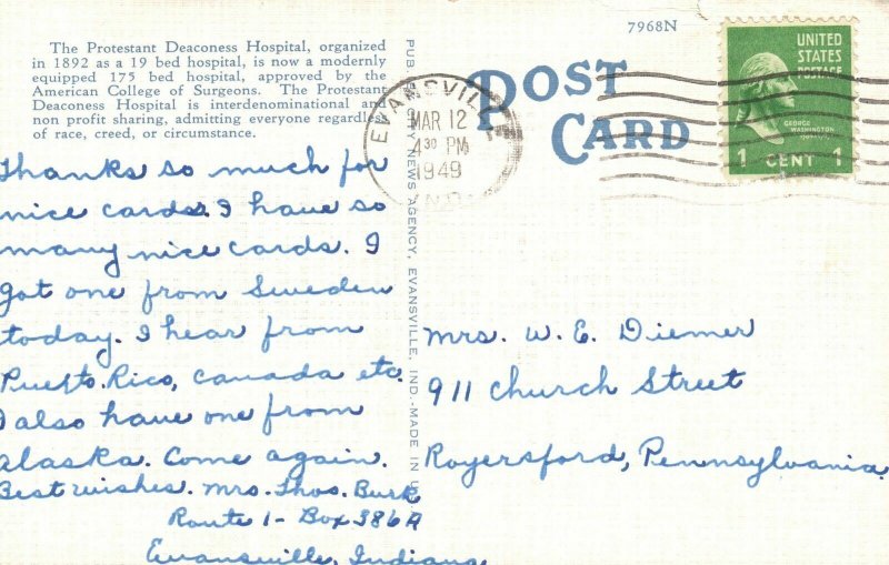 1949 Protestant  Deaconess & Nurses Home Evansville Indiana IN Vintage Postcard