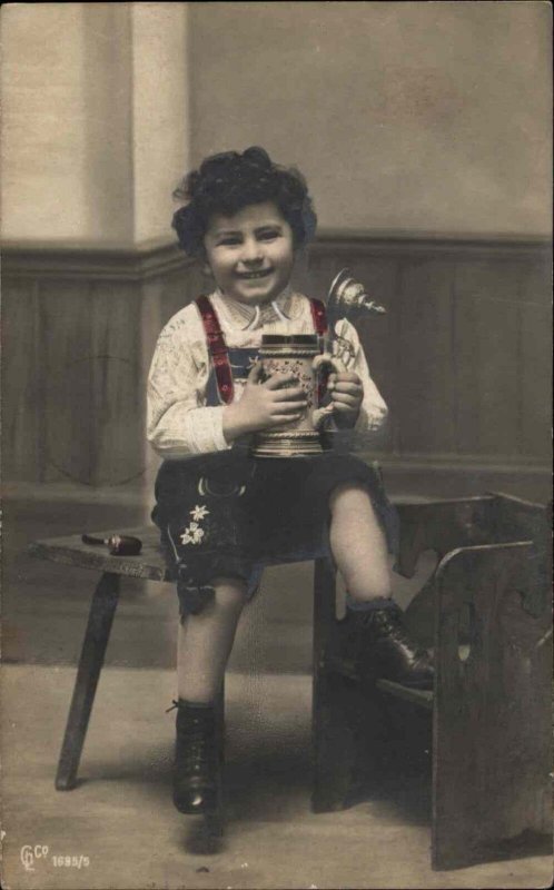 Little German Boy with Beer Stein Shorts Suspenders Tinted Real Photo Postcard
