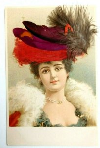 Edwardian Woman In Applied Feather Hat UNP American Art Works DB Postcard No 2