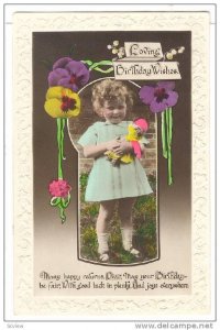 RP; Hand-tinted, Loving Birthday Wishes, Poem, Girl holding doll, pansies wit...