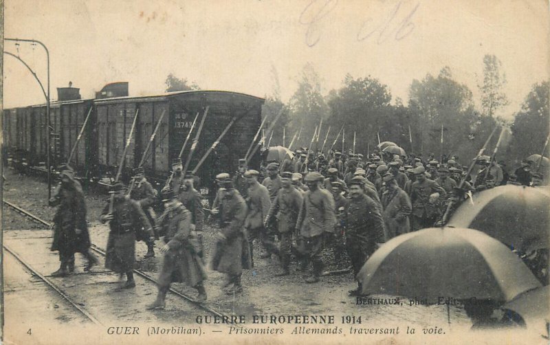 World War I (1914-1918) German prisoners crossing the railway station at Guer 