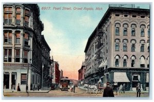 c1910 Pearl Street Exterior Building Streetcar Grand Rapids Michigan MI Postcard