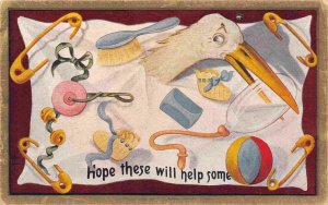 Hope These Help Baby Items Safety Pins Diaper Brush Stork Birth 1910c postcard