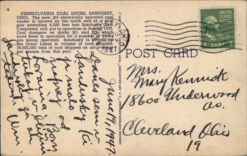 Sandusky Ohio OH Pennsylvania Coal Docks Electric Loader Mining Linen Postcard