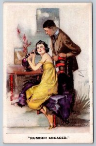 Number Engaged, Fashionable Couple, Phone, WW1 Era, Antique Greetings Postcard