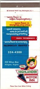 Vintage Matchbook Cover HIGHLANDER MOTOR INN Arlington Virginia MB80